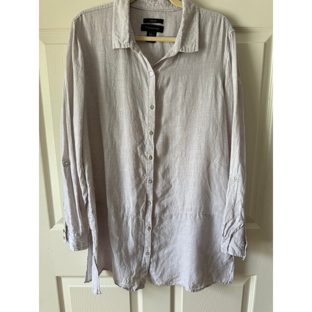 Tahari 100% Linen Light Gray Roll Tab Tunic Button Up XL Coastal Layering Top‎